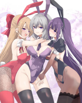 3girls :d absurdres animal_ear_hairband animal_ears arm_around_shoulder arm_garter assault_lily asymmetrical_docking black_hairband black_leotard black_shrug black_thighhighs blush bodystocking bow bowtie braid breast_press breasts bridal_gauntlets brown_bridal_gauntlets brown_hair brown_pantyhose closed_mouth covered_navel cowboy_shot detached_sleeves fake_animal_ears fake_tail floral_print girl_sandwich gloves gluteal_fold gradient_background grey_hair groin hair_between_eyes hair_bow hairband half_updo hand_on_another's_shoulder hand_on_another's_thigh hata_matsuri highleg highleg_leotard highres hug hug_from_side lace lace-trimmed_thighhighs lace_trim large_breasts leotard long_hair looking_at_another medium_breasts monica_rossi multicolored_hair multiple_girls necktie nose_blush open_mouth pantyhose playboy_bunny print_pantyhose puffy_short_sleeves puffy_sleeves purple_background purple_bow purple_bowtie purple_eyes purple_gloves purple_hair purple_hairband purple_leotard purple_necktie rabbit_ear_hairband rabbit_ears rabbit_tail red_bow red_hairband red_leotard red_ribbon red_thighhighs ribbon sandwiched short_sleeves shrug_(clothing) side_braid smile standing streaked_hair tail takeda_mimi thighhighs thighhighs_over_pantyhose twin_braids two-tone_background urutsu_sahari v-shaped_eyebrows very_long_hair white_background white_streaks yuri