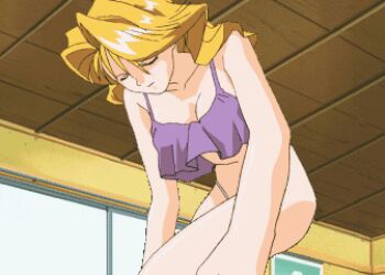1girl animated animated_gif blonde_hair bouncing_breasts breasts breasts_squeezed_together christine_garland cleavage clothes_pull collarbone crop_top female_focus highleg highleg_panties large_breasts long_hair lowres mirror navel nipples no_bra panties reflection shirt_pull solo strap_pull super_real_mahjong tanaka_ryou topless_female underboob underwear undressing upper_body wavy_hair white_panties