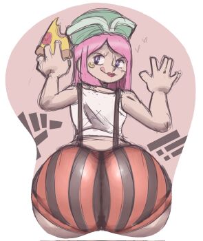 ass cheek_piercing face_piercing food highres huge_ass jewelry_bonney kyojiri_loli licking_lips lipstick loli looking_at_viewer looking_back makeup mousepad_(object) one_piece patateroart piercing pink_hair pizza purple_eyes shirt short_shorts shorts sleeveless smile striped_clothes striped_shorts suspenders tongue tongue_out white_shirt