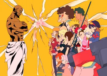 6+boys 6+girls anti-materiel_rifle attenborough_cortitch bald barinbo beard bikini bikini_top_only blonde_hair boota_(ttgl) breasts brown_hair crossed_arms darry_adai dayakka everyone facial_hair gainaxtop gimmy_adai glasses green_hair gun hair_ornament hair_stick highres jogan kinon_bachika kittan_bachika kiyal_bachika kiyoh_bachika lagann leeron_littner lordgenome mecha multiple_boys multiple_girls muscular nia_teppelin old_coco orange_background pink_hair profile red_hair rifle robot rossiu_adai simon_(ttgl) skull_hair_ornament sniper_rifle sushio swimsuit tengen_toppa_gurren_lagann underboob weapon yoko_littner