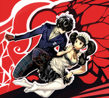 Rule 34 | 10s, 1boy, 1girl, amamiya ren, apron, black hair, brown eyes, glasses, kawakami sadayo, maid, maid apron, no shoes, persona, persona 5, school uniform, short hair, sniperno0, spoilers, white legwear