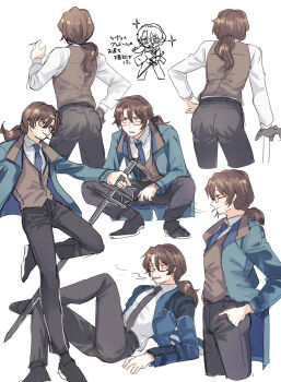 1boy alternate_costume ass back beard_stubble belt black-framed_eyewear black-framed_glasses black_gloves black_necktie black_pants blue_coat blue_jacket blue_necktie brown_hair brown_trim brown_vest chibi cigarette closed_eyes closed_mouth coat collared_shirt colored_shoe_soles cropped_legs dress_shirt eyes_visible_through_hair facial_hair facing_away fighting_stance formal_clothes from_behind full_body glasses gloves gregor_(project_moon) grin hair_between_eyes hair_intakes half-closed_eyes hand_in_pocket hand_on_own_hip hand_up hands_in_pockets highres holding holding_sword holding_weapon jacket kikkoinu limbus_company long_hair long_sleeves looking_at_viewer looking_to_the_side looking_up low_ponytail lying male_focus multiple_views necktie no_jacket official_alternate_costume on_back on_one_knee open_clothes open_coat open_jacket open_mouth pants parted_bangs parted_lips photoshop_(medium) ponytail project_moon sanpaku semi-rimless_eyewear shirt shoes short_hair sideways_glance simple_background single_glove sitting sketch smile smirk smoke smoking smug solo sparkle spread_legs squatting standing stubble suit suit_jacket sword two-sided_fabric under-rim_eyewear undershirt vest weapon white_background white_shirt white_undershirt wing_collar yellow_eyes zwei_association_south_uniform