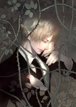 1boy bird black_necktie blonde_hair closed_eyes finch formal_clothes hair_over_one_eye highres java_sparrow male_focus necktie one_piece pixiv_id_4407132 plant sanji_(one_piece) solo suit thorn_(ff9) vines