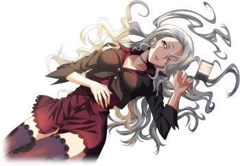 1girl artist_request black_jacket black_thighhighs blush breasts brown_choker buttons choker code_geass code_geass:_lost_stories code_geass:_soubou_no_oz collarbone cowboy_shot cropped_jacket cropped_legs mp3_player dress earrings female_focus floral_print from_above game_cg grey_eyes grey_hair hair_between_eyes hair_spread_out hand_on_own_stomach hand_up highres jacket jewelry light_blush long_hair long_sleeves lying matching_hair/eyes medium_breasts miss_x_(code_geass) non-web_source official_art on_back parted_lips red_dress short_dress sidelocks simple_background solo stud_earrings teeth thighhighs transparent_background zettai_ryouiki