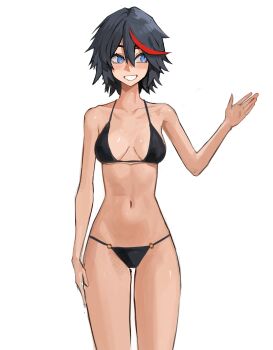 Rule 34 | 1girl, absurdres, bare shoulders, bikini, black bikini, black hair, blue eyes, blush, breasts, cleavage, collarbone, highres, kill la kill, looking at viewer, matoi ryuuko, multicolored hair, navel, red hair, short hair, simple background, smile, solo, stomach, streaked hair, swimsuit, tefi blum, two-tone hair