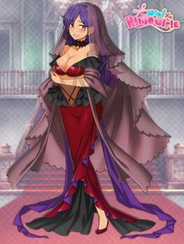 1girl artist_request bare_shoulders breasts choker cleavage commentary_request copyright_logo dark-skinned_female dark_skin dress full_body highres large_breasts logo long_dress long_hair looking_at_viewer moe!_ninja_girls official_art purple_hair red_dress solo strapless strapless_dress veil yellow_eyes yomoda_tengge