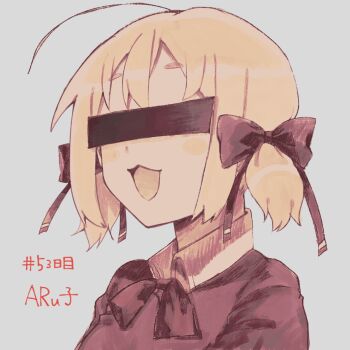 1girl :3 aruko_okara blush_stickers censored censored_identity character_name collared_shirt grey_background hair_ribbon indie_virtual_youtuber monochrome open_mouth ribbon shirt short_twintails simple_background solo sweater tokumei_radio twintails wadante