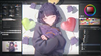 1girl :3 absurdres art_program_in_frame balloon blunt_bangs clip_studio_paint clip_studio_paint_(medium) closed_eyes closed_mouth color_wheel commentary crossed_arms english_commentary facing_viewer floomf grey_hoodie halo happy head_tilt highres hololive hololive_english hood hoodie hug mole mole_under_eye ninomae_ina&#039;nis ninomae_ina&#039;nis_(loungewear) official_alternate_costume official_alternate_hair_length official_alternate_hairstyle pointy_ears purple_hair short_hair signature smile takodachi_(ninomae_ina&#039;nis) traditional_halo upper_body user_interface virtual_youtuber