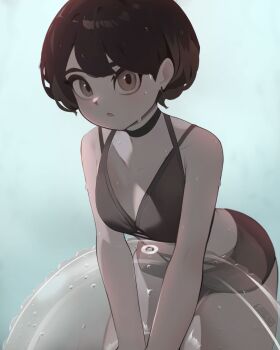 1girl bikini breasts brown_bikini brown_eyes brown_hair chinese_commentary commentary english_commentary holding holding_swim_ring innertube lamb_goes_baaaaa looking_at_viewer mixed-language_commentary open_mouth original short_hair small_breasts solo swim_ring swimsuit water_drop wet