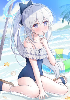 1girl absurdres aqua_halo bare_shoulders black_one-piece_swimsuit blue_archive blush breasts cleavage collarbone commentary_request covered_navel finger_to_cheek frilled_one-piece_swimsuit frills hair_between_eyes hair_ornament halo highres long_hair looking_at_viewer medium_breasts miyako_(blue_archive) miyako_(swimsuit)_(blue_archive) natsuki_rin_(artist) ocean official_alternate_costume official_alternate_hairstyle one-piece_swimsuit outdoors ponytail purple_eyes sandals seashell shell sitting solo starfish swimsuit very_long_hair wariza wet white_hair