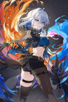 1girl black_gloves black_jacket black_pantyhose black_thighhighs blue_bra bra breasts colored_inner_hair commentary cropped_jacket earrings galbrena_(wuthering_waves) gloves gun hair_between_eyes hashtag-only_commentary highres holding holding_gun holding_weapon jacket jewelry kneepits large_breasts looking_at_viewer looking_back m_cury medium_hair multicolored_hair mutation pantyhose parted_lips purple_eyes single_glove single_leg_pantyhose solo thigh_strap thighhighs thighs twisted_torso underwear weapon wuthering_waves