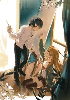 1boy 1girl absurdres arm_at_side arm_up black-framed_eyewear black_pants black_shoes black_shorts black_thighhighs blue_eyes blue_hair blunt_bangs blush border bra_strap closed_mouth commentary curtains dress_shirt easel english_commentary feet_out_of_frame flower food food_in_mouth french_fries from_side full_body glasses green_jacket hand_up highres holding holding_food holding_paintbrush indoors jacket key keyring kitagawa_yuusuke kosei_high_school_uniform leaf leaning_forward long_hair long_sleeves looking_at_another looking_down looking_up on_stool orange_hair outside_border paintbrush pants parted_bangs parted_lips persona persona_5 pluvioseprince profile purple_eyes sakura_futaba school_uniform shirt shoes short_hair short_shorts shorts sidelocks sitting standing stool sunlight thighhighs white_border white_flower white_shirt window