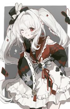 Rule 34 | 1girl, ;3, ;q, bare shoulders, black gloves, black hat, border, bow, braid, clothing cutout, club (shape), collared shirt, diamond (shape), diamond facial mark, diamond print, facial mark, frilled sailor collar, frilled skirt, frilled sleeves, frills, gloves, grey background, grey bow, hair intakes, hand on own cheek, hand on own face, hand on own hip, hat, heart, heart facial mark, highres, honkai: star rail, honkai (series), long hair, long sleeves, looking at viewer, mark under both eyes, mini hat, mini top hat, one eye closed, outside border, red ribbon, red shirt, ribbon, sailor collar, shirt, shoulder cutout, simple background, skirt, smile, solo, sparkle, sparkle (honkai: star rail), sparxie (honkai: star rail), striped bow, tassel, tongue, tongue out, top hat, twintails, very long hair, wanglian bei pian 500, white border, white hair, white skirt, wide sleeves