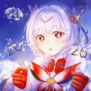 1girl 2026 animated animated_gif blinking butterfly_hair_ornament chaos_(pgr) chinese_commentary coat commentary_request crossed_bangs eyelashes fireworks fur-trimmed_coat fur_trim gloves hair_between_eyes hair_intakes hair_ornament highres holding holding_fireworks long_hair mandarin_collar one_side_up open_mouth portrait punishing:_gray_raven red_eyes red_gloves shangse_hui_de_ling_ziye sidelocks smile solo sparkler white_coat white_hair