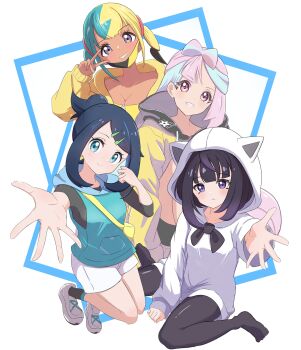 4girls absurdres alternate_costume animal_ears aqua_hair bag bandeau barefoot bike_shorts black_hair black_mask black_pantyhose black_socks blonde_hair blue_eyes blue_hoodie blue_shorts blunt_bangs blush bow-shaped_hair breasts canari_(pokemon) chandelure cleavage closed_mouth collarbone commentary_request dark-skinned_female dark_skin eyelashes fake_animal_ears gen_5_pokemon green_vest grey_eyes grin gwynn_(pokemon) hair_ornament hairclip hand_in_pocket happy head_tilt highres hood hood_down hood_up hooded_vest hoodie iono_(pokemon) jacket large_breasts lightning_bolt_symbol liko_(pokemon) long_sleeves looking_at_viewer mask mask_pull mega_stone mouth_mask multicolored_hair multiple_girls navel nintendo open_mouth outstretched_hand pantyhose parted_lips pokemon pokemon_(anime) pokemon_(creature) pokemon_horizons pokemon_legends:_z-a pokemon_scarlet_and_violet purple_eyes rono_(lethys) shirt shoes short_twintails shorts shoulder_bag sidelocks sitting sleeves_past_wrists smile socks split-color_hair sports_bra spread_fingers swept_bangs tassel teeth toes twintails two-tone_hair two-tone_mask v vest white_background white_shoes white_shorts yellow_bag yellow_bandeau yellow_hoodie yellow_jacket yellow_mask yellow_sports_bra