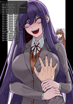 Rule 34 | 1boy, 2girls, :d, assertive female, blazer, breasts, chibi, chibi inset, collared shirt, colored inner hair, crazy grin, crazy smile, doki doki literature club, doki doki literature club school uniform, english text, error message, eye print, gameplay mechanics, glowing, glowing eyes, grabbing another's breast, groping, guided breast grab, guiding hand, hair between eyes, hand on another's chest, highres, holding another's wrist, jacket, large breasts, long hair, long sidelocks, monika (doki doki literature club), multicolored hair, multiple girls, neck ribbon, open mouth, orange vest, pov, pov hands, purple eyes, purple hair, ribbon, school uniform, shirt, sidelocks, skirt, smile, solo focus, tyaaaaaaba, vest, white shirt, yuri (doki doki literature club)