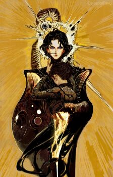 1boy 1girl absurdres armor black_dress black_hair blending blue_eyes blue_sclera celestial_fang colored_sclera dress dune_(series) eyes_of_ibad halo halo_behind_head highres male_focus nose_tube paul_atreides pauldrons sand sandworm_(dune) short_hair shoulder_armor worm yellow_background