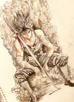 1boy bandaged_arm bandages black_hair headband hiei4455 hiei_(yu_yu_hakusho) male_focus photo_(medium) shirt sitting sleeveless sleeveless_shirt solo spiked_hair sword tank_top throne traditional_media weapon white_headband yuu_yuu_hakusho