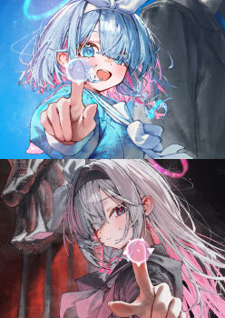 1other 2girls absurdres arona_(blue_archive) betabeet black_bow black_eyes black_hairband black_sailor_collar black_shirt blue_archive blue_eyes blue_hair blue_halo blue_shirt bow bow_hairband closed_mouth colored_inner_hair commentary english_commentary grey_hair hair_bow hair_over_one_eye hairband halo highres long_hair long_sleeves looking_at_viewer multicolored_hair multiple_girls neckerchief open_mouth phrenapates_(blue_archive) pink_hair pink_halo plana_(blue_archive) red_pupils sailor_collar shirt short_hair solo teeth two-tone_hair upper_teeth_only white_bow white_hairband white_neckerchief white_sailor_collar