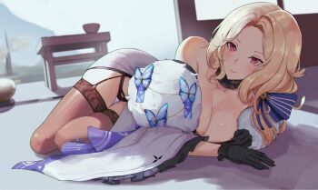 1girl absurdres bare_shoulders black_gloves black_panties black_thighhighs blonde_hair blue_ribbon blush breasts cleavage closed_mouth coat collarbone elias2art fur-trimmed_coat fur-trimmed_kimono fur_trim gloves goddess_of_victory:_nikke hair_ribbon highres japanese_clothes kimono lantern large_breasts legwear_garter long_hair ludmilla_(nikke) ludmilla_(winter_owner)_(nikke) lying official_alternate_costume on_side panties parted_bangs red_eyes ribbon smile solo thighhighs underwear white_kimono