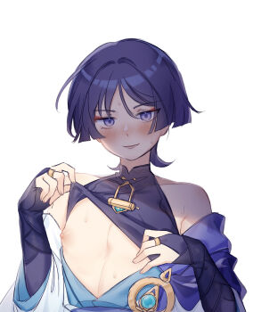 1boy blush clothes_lift commentary english_commentary facing_viewer genshin_impact half-closed_eyes hana97_58 hand_on_own_chest hand_up highres looking_at_viewer lower_teeth_only male_focus mandarin_collar nipples no_headwear off_shoulder parted_lips scaramouche_(genshin_impact) shirt_lift short_hair simple_background solo sweat teeth upper_body wanderer_(genshin_impact) white_background wolf_cut