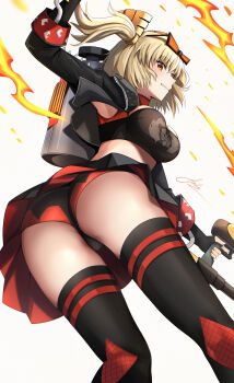 Rule 34 | 1girl, absurdres, aoikito lavender086, ass, blonde hair, breasts, burnice white, cameltoe, fingerless gloves, fire, flamethrower, from behind, from below, gloves, hair ornament, highres, holding flamethrower, holding weapon, large breasts, long hair, looking at viewer, looking down, miniskirt, orange eyes, short shorts, shorts, skirt, smile, solo, thick thighs, thighhighs, thighs, twintails, weapon, zenless zone zero