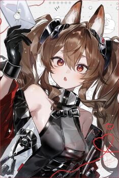 Rule 34 | 1girl, angelina (arknights), animal ears, arknights, arknights: endfield, bare shoulders, black gloves, brown hair, commentary, envelope, fox ears, fox girl, gilberta (arknights), gloves, hair between eyes, highres, holding, holding envelope, long hair, looking at viewer, mikoccccchan, off shoulder, orange eyes, sidelocks, symbol-only commentary, twintails, upper body