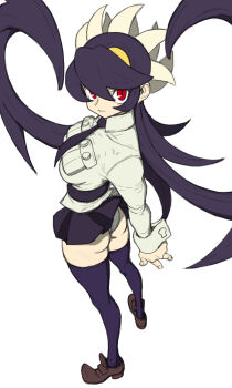 1girl ass filia_(skullgirls) from_above full_body highres long_hair looking_at_viewer looking_back necktie pleated_skirt pout purple_hair red_eyes redrawn samson_(skullgirls) school_uniform skirt skullgirls solo standing thighhighs toshinoshin twisted_torso white_background