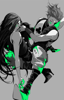 2boys bare_shoulders black_hair blood blood_on_clothes blood_on_face blood_splatter boots bracelet closed_mouth club_(shape) coldiron earrings facial_mark green_blood grey_background hair_slicked_back half-closed_eyes hand_on_another&#039;s_thigh high_heel_boots high_heels highres hisoka_morow hunter_x_hunter illumi_zoldyck jewelry leg_up long_hair looking_at_another looking_at_viewer looking_back male_focus monochrome multiple_boys pants shirt short_hair simple_background sitting sitting_on_lap sitting_on_person sleeveless sleeveless_shirt spot_color spread_legs star_(symbol) very_long_hair yaoi