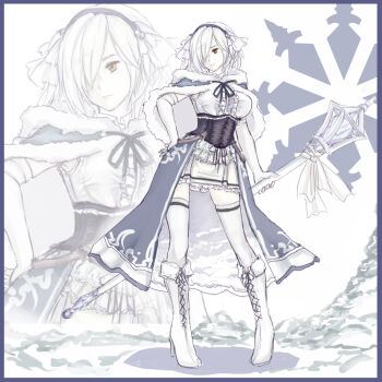 1girl boots breasts capelet commentary_request corset elbow_gloves freezer_(pixiv_fantasia_last_saga) fur_capelet gloves hair_over_one_eye hand_on_own_hip holding holding_staff medium_breasts pale_skin pixiv_fantasia pixiv_fantasia_last_saga snow staff ten_ryuu_sadaaki thighhighs wand white_boots white_gloves white_hair white_theme white_thighhighs zettai_ryouiki zoom_layer