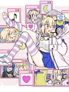 02surume 3girls :d ahoge animal_ear_fluff animal_ears arcueid_brunestud ass blonde_hair blue_bow blue_hair blue_skirt blush bow breasts c.i.e.l_(fate) cat_ears cat_girl chibi chibi_inset choker ciel_(tsukihime) cleavage closed_eyes commentary_request crescent crescent_hair_ornament crop_top dual_persona fate/grand_order fate_(series) fingerless_gloves gloves hair_intakes hair_ornament headphones heart highres hood hoodie leg_up livestream looking_at_viewer magical_girl miniskirt multiple_girls musical_note mysterious_executor_c.i.e.l_(fate) neco-arc one_eye_closed open_clothes open_hoodie open_mouth phantas-moon phantas-moon_(second_ascension) pink_gloves pink_hoodie pink_thighhighs pout short_hair sitting skirt smile spoken_heart spoken_musical_note spoken_star star_(symbol) talking thighhighs tsukihime tsukihime_(remake) window_(computing)