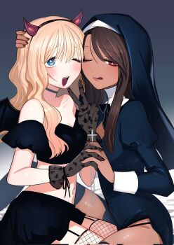 2girls between_legs black_gloves black_nails black_shirt black_skirt blonde_hair blue_dress blue_eyes brown_hair commentary_request crop_top cross cross_necklace dark-skinned_female dark_skin demon_horns dress fake_horns fishnet_thighhighs fishnets garter_straps gloves gyaru_to_gyaru_no_yuri hairband halloween hand_on_another&#039;s_head highres horn_hairband horns inoue_koharu jewelry juliet_sleeves lace lace_gloves long_sleeves multiple_girls navel_piercing necklace one_eye_closed open_mouth piercing puffy_sleeves red_eyes shirt skirt smile taooka_yua thighhighs watase_reina yuri