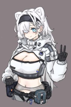 1girl animal_ear_fluff animal_ears arknights aurora_(arknights) bear_ears bear_girl belt black_gloves black_hairband blue_eyes breasts bright_pupils chaps cleavage cowboy_shot crop_top cropped_jacket extra_ears eyes_visible_through_hair gloves grey_background grey_shorts hair_over_one_eye hairband hand_on_own_hip jacket large_breasts long_hair long_sleeves looking_at_viewer midriff navel pouch shorts shrug_(clothing) smile solo sussurrobestmom utility_belt v white_hair white_jacket white_pupils