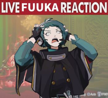 1girl ahoge aqua_hair aqua_shirt armband black_capelet black_gloves capelet commentary constricted_pupils english_commentary english_text fingerless_gloves game_screenshot_background gloves hands_on_own_head hands_up headphones headset highres judetheobscured live_tucker_reaction_(meme) looking_up meme open_mouth persona persona_3 persona_3_reload reaper_(persona_3) red_armband s.e.e.s screenshot_background shirt short_hair teeth tongue turtleneck turtleneck_shirt upper_body upper_teeth_only yamagishi_fuuka