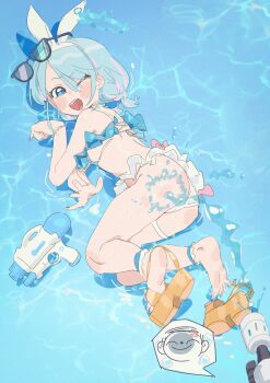1boy 1girl anger_vein arona_(blue_archive) ass bare_legs bare_shoulders barefoot bikini blue_archive blue_eyes blue_hair blue_halo blue_nails blue_toenails blush blush_stickers breasts cameltoe choker criss-cross_back-straps doodle_sensei_(blue_archive) dot_nose eyewear_on_head feet fingernails frilled_anklet frilled_bikini frills hair_between_eyes hair_ribbon halo hands_up highres loli looking_at_viewer looking_back lying medium_hair multicolored_hair nail_polish nemo_(leafnight) on_side one_eye_closed open_mouth ribbon sandals sensei_(blue_archive) shaded_face small_breasts soles sunglasses swimsuit teeth thigh_strap thighs toenail_polish toenails toes upper_teeth_only water water_gun wet white_choker yellow_sandals