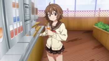 10s 1girl 2011 animated animated_gif anime_screenshot arm_out bag bow brown_eyes brown_hair cardigan cup denpa_onna_to_seishun_otoko drinking_glass drinking_straw fang female_focus ice ice_cube juice legs maroon_eyes mifune_ryuuko miniskirt open_mouth orange_juice pleated_skirt red_bow school_uniform serafuku short_hair skirt solo tagme thick_thighs thighs
