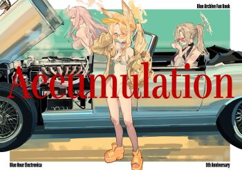 3girls above-cleavage_cutout animal_ear_fluff animal_ears bikini black_one-piece_swimsuit blonde_hair blue_archive border breasts brown-tinted_eyewear brown_hair brown_halo car casual_one-piece_swimsuit choker clothing_cutout convertible cover cup english_text extra_ears fox_ears fox_girl halo hand_on_own_head hand_on_own_hip highleg highleg_one-piece_swimsuit holding holding_cup jacket kazukingu large_breasts long_hair long_sleeves looking_at_viewer looking_over_eyewear mika_(blue_archive) mika_(swimsuit)_(blue_archive) motor_vehicle multiple_girls nagisa_(blue_archive) nagisa_(swimsuit)_(blue_archive) off_shoulder official_alternate_costume official_alternate_hairstyle one-piece_swimsuit open_clothes open_jacket orange-tinted_eyewear outside_border pink_hair pink_halo platform_sandals ponytail sandals seia_(blue_archive) seia_(swimsuit)_(blue_archive) side_ponytail small_breasts sunglasses swimsuit tea_party_(blue_archive) teacup tinted_eyewear visor_cap white_bikini white_border white_choker white_one-piece_swimsuit yellow_halo yellow_jacket yellow_sandals yellow_visor