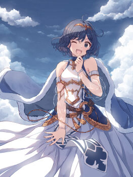 1girl ;d alternate_costume blue_eyes blue_hair blue_sky breasts cloud commentary_request commission cosplay day detached_sleeves female_morgan_(fire_emblem) fire_emblem fire_emblem_awakening fire_emblem_cipher highres long_sleeves lucina_(fire_emblem) lucina_(fire_emblem)_(cosplay) lucina_(hope-ruling_queen)_(fire_emblem) medium_breasts nintendo official_alternate_hair_color one_eye_closed open_mouth outdoors see-through_clothes see-through_sleeves short_hair skeb_commission sky smile solo standing tiara tongue weapon yakka