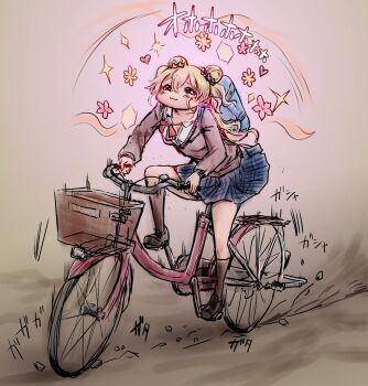 Rule 34 | 1girl, :3, bicycle, blonde hair, blue skirt, collar, collarbone, commentary request, double bun, hair bun, hair ornament, happy aura, heart, hexagon, highres, hololive, long hair, momosuzu nene, nymph rhythm, riding, riding bicycle, skirt, smile, solo, star (symbol), virtual youtuber