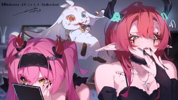 2girls abby_(wuthering_waves) absurdres applying_makeup applying_own_makeup bare_shoulders black_hairband black_nails breasts ciaccona_(wuthering_waves) commentary_request cross cross_necklace demon_horns fingernails green_eyes hair_between_eyes hairband halloween highres horns indoors jewelry long_hair long_pointy_ears lupa_(wuthering_waves) medium_breasts multiple_girls nail_polish necklace noto_(noto_1213) pink_hair pointy_ears red_pupils tacet_mark_(wuthering_waves) tree_horns wuthering_waves yellow_eyes