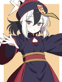 1girl alternate_costume black_hair black_nails blue_archive blush border bright_pupils brown_background closed_mouth commentary cowboy_shot expressionless gesupi_(provlemsolver57) hair_between_eyes halloween_costume halo hat highres jiangshi_costume kayoko_(blue_archive) long_sleeves looking_at_viewer multicolored_hair nail_polish ofuda ofuda_on_head outside_border outstretched_arms ponytail qingdai_guanmao red_eyes simple_background sketch solo two-tone_hair white_border white_hair white_halo white_pupils wide_sleeves