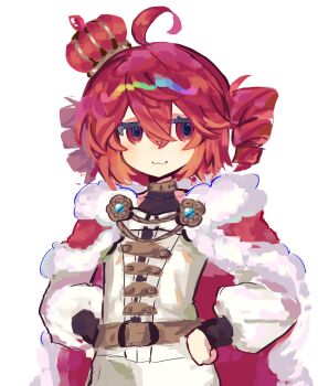 Rule 34 | 1girl, :3, ahoge, blush, cape, closed mouth, cowboy shot, crossed bangs, crown, double-parted bangs, drill hair, fur-trimmed cape, fur trim, grapefrukt2233, hair between eyes, hashtag-only commentary, highres, jitome, kasane teto, long sleeves, looking at viewer, red cape, red eyes, red hair, shirt, short hair, simple background, smile, solo, twin drills, utau, white background, white shirt