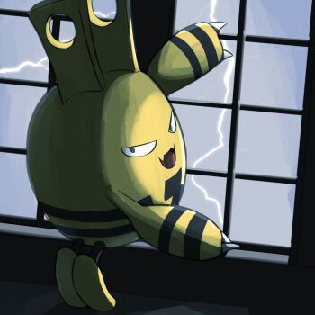 absurdres claws commentary_request elekid fangs gen_2_pokemon highres lightning looking_at_viewer nintendo open_mouth pokemon pokemon_(creature) pokemon_focus skin_fangs smile solo spicyichizo tiptoes window