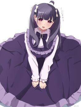 1girl :d absurdres ahoge amano_lier blunt_bangs blush bow bowtie breasts chofu_noriko commentary_request dress frilled_dress frilled_sleeves frills hair_bow highres ikizulive!_love_live!_bluebird large_breasts long_dress long_hair long_sleeves looking_at_viewer love_live! open_mouth pinafore_dress purple_bow purple_bowtie purple_dress purple_eyes purple_hair shirt sidelocks sitting sleeveless sleeveless_dress smile solo sweatdrop translation_request twitter_username two_side_up white_bow white_shirt