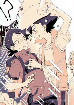 !? +_+ 2boys ash_ketchum backpack bag busraknongkai commentary eye_contact gen_1_pokemon gen_2_pokemon gen_8_pokemon goh_(pokemon) hand_on_another's_hip highres looking_at_another male_focus multiple_boys nintendo pants pikachu pokemon pokemon_(anime) pokemon_(creature) pokemon_journeys raboot shirt short_hair short_sleeves sleeveless sleeveless_jacket slowking slowpoke smile sparkle sweat t-shirt