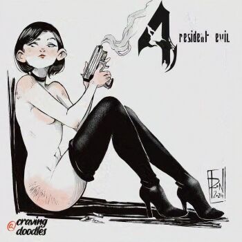 1girl ada_wong artist_logo belt_collar black_hair collar commentary cravingdoodles english_commentary from_side full_body gun handgun high_heels highres holding holding_gun holding_weapon logo nude resident_evil resident_evil_4 resident_evil_4_(remake) short_hair smoke solo thighhighs weapon
