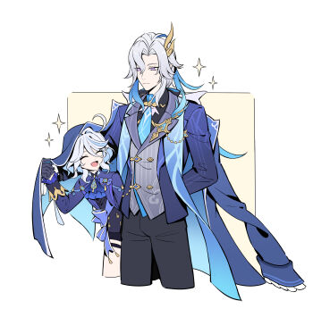 1boy 1girl absurdres ahoge arm_behind_back ascot black_gloves black_pants black_shorts blue_hair blue_necktie coat coat_on_shoulders commentary_request formal_clothes furina_(genshin_impact) genshin_impact gloves grey_hair highres long_hair necktie neuvillette_(genshin_impact) neuvillette_(melusent_gift)_(genshin_impact) pants pointy_ears purple_eyes shorts smile sparkle suit worlin4