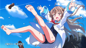1girl :o ahoge artist_name ascot atri atri-my_dear_moments- bare_legs barefoot black_ribbon blue_one-piece_swimsuit blue_sailor_collar blue_sky blush brown_hair cloud day downturned_eyes dress end_card feet floating_clothes floating_hair full_body guest_art hair_between_eyes hair_ribbon highres kuuchuu_yousai legs long_hair long_sleeves looking_down midair one-piece_swimsuit open_mouth outdoors outstretched_arms outstretched_hand red_ascot red_eyes ribbon round_teeth sailor_collar sailor_dress school_swimsuit shoes short_dress sky soles solo swimsuit swimsuit_under_clothes tareme teeth toes two_side_up unworn_shoes upper_teeth_only very_long_hair white_dress wide_sleeves