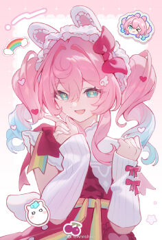 1girl alternate_costume animal_ear_hairband animal_ears annshiro76 aqua_hair arm_warmers bow character_sticker commentary dress drill_hair fake_animal_ears frilled_headwear gradient_hair green_eyes hair_between_eyes hair_intakes hair_ornament hairband hashtag-only_commentary hat head_bow headband heart heart_hair_ornament highres honkai:_star_rail honkai_(series) hyacine_(honkai:_star_rail) index_finger_raised little_ica_(honkai:_star_rail) long_hair long_sidelocks looking_at_viewer multicolored_hair open_mouth pink_bow pink_hair pink_ribbon puritan_collar rainbow red_dress red_hat ribbon short_sleeves sidelocks smile solo sticker symbol-only_commentary twintails upper_body watermark weibo_watermark white_arm_warmers