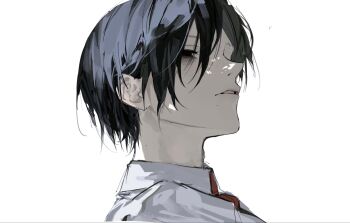 0k_sic 1boy bags_under_eyes black_eyes black_hair collared_shirt highres looking_at_viewer male_focus necktie original parted_lips red_necktie shirt short_hair simple_background solo white_background white_shirt